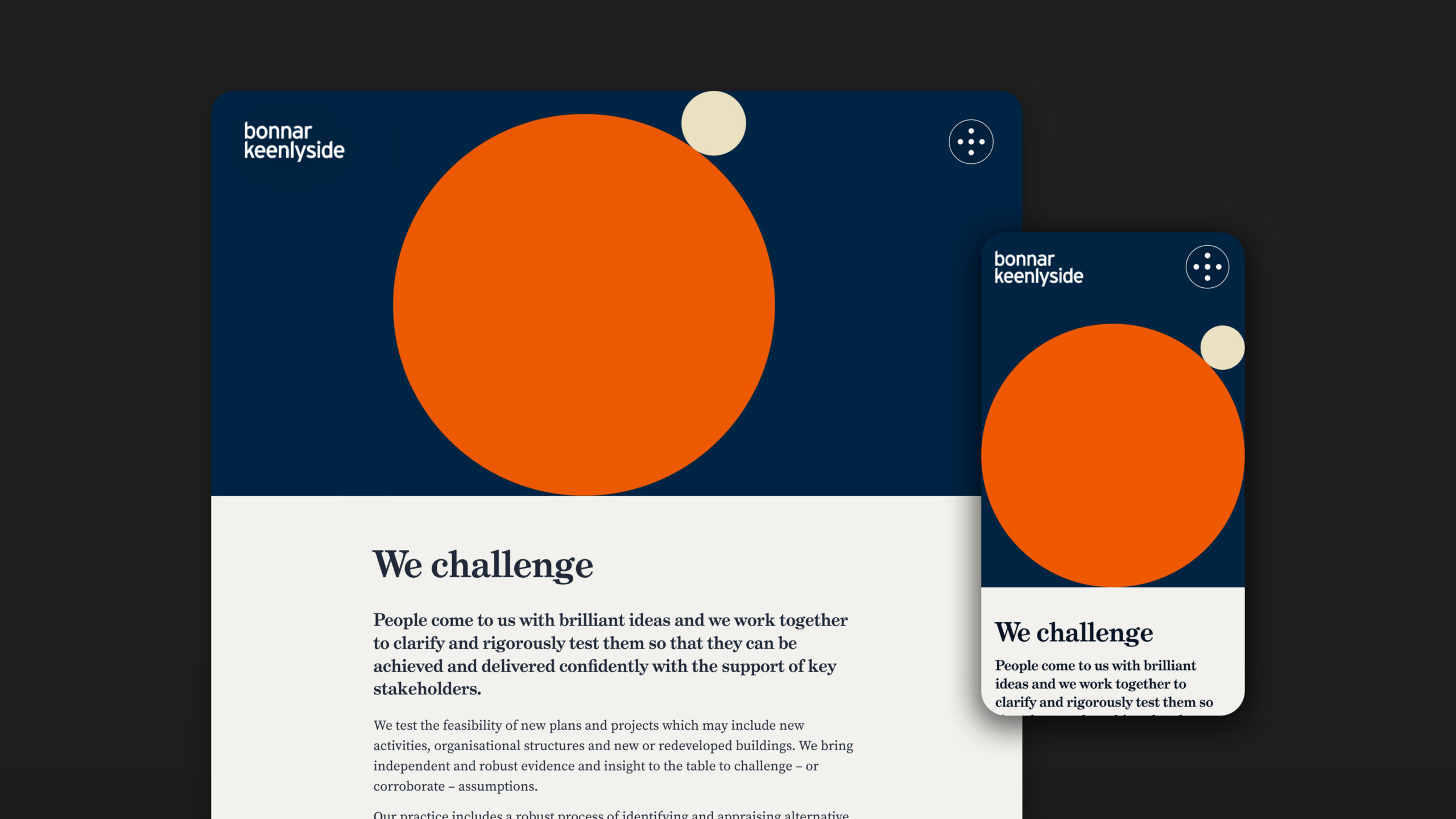 Branding on the Bonnar Keenlyside website showing two circles – one is much larger than the other, towering over the smaller one to represent the concept of challenge