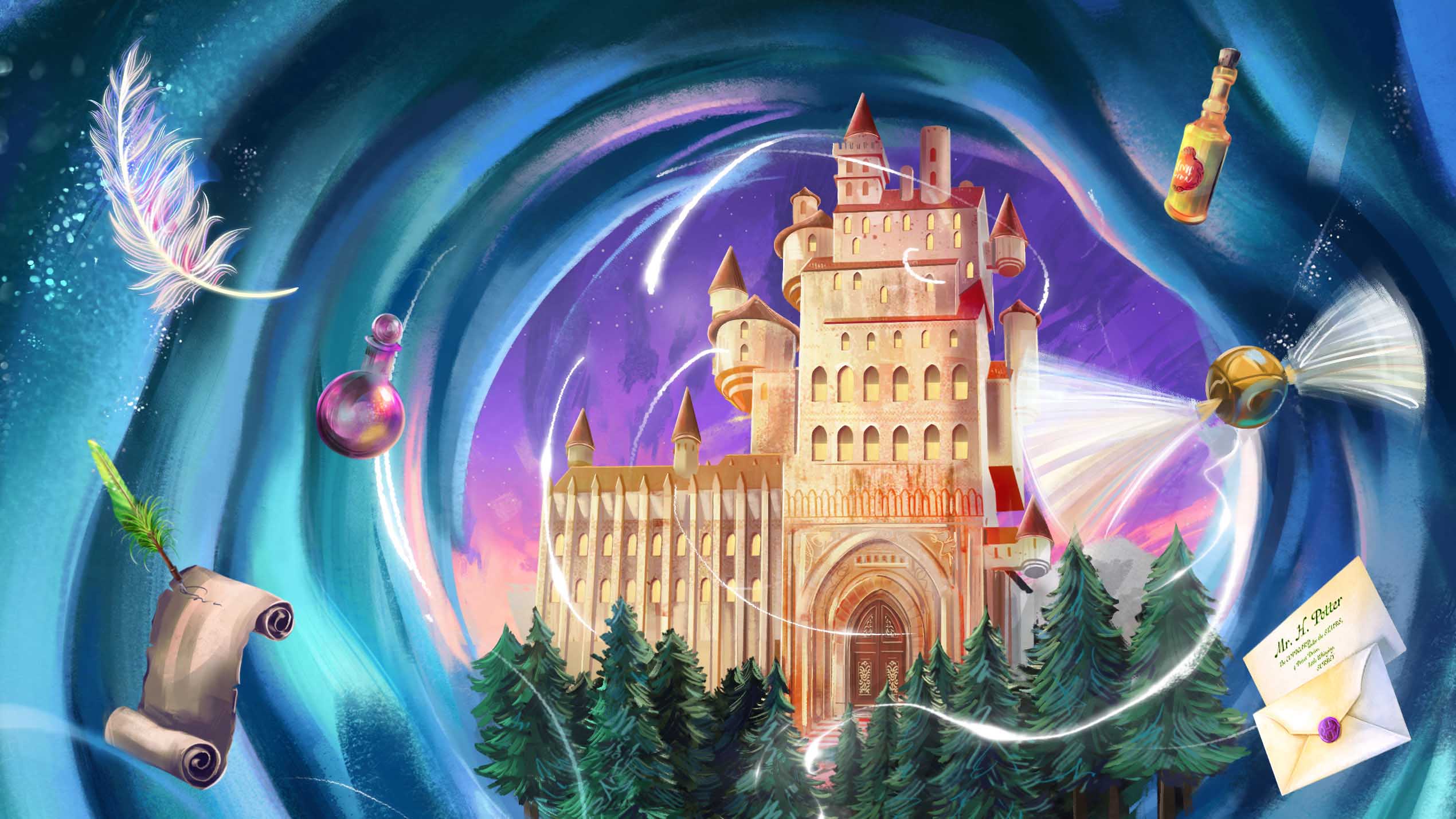 Illustration of Hogwarts castle on the book cover of For The Wizarding Archive by JK Rowling