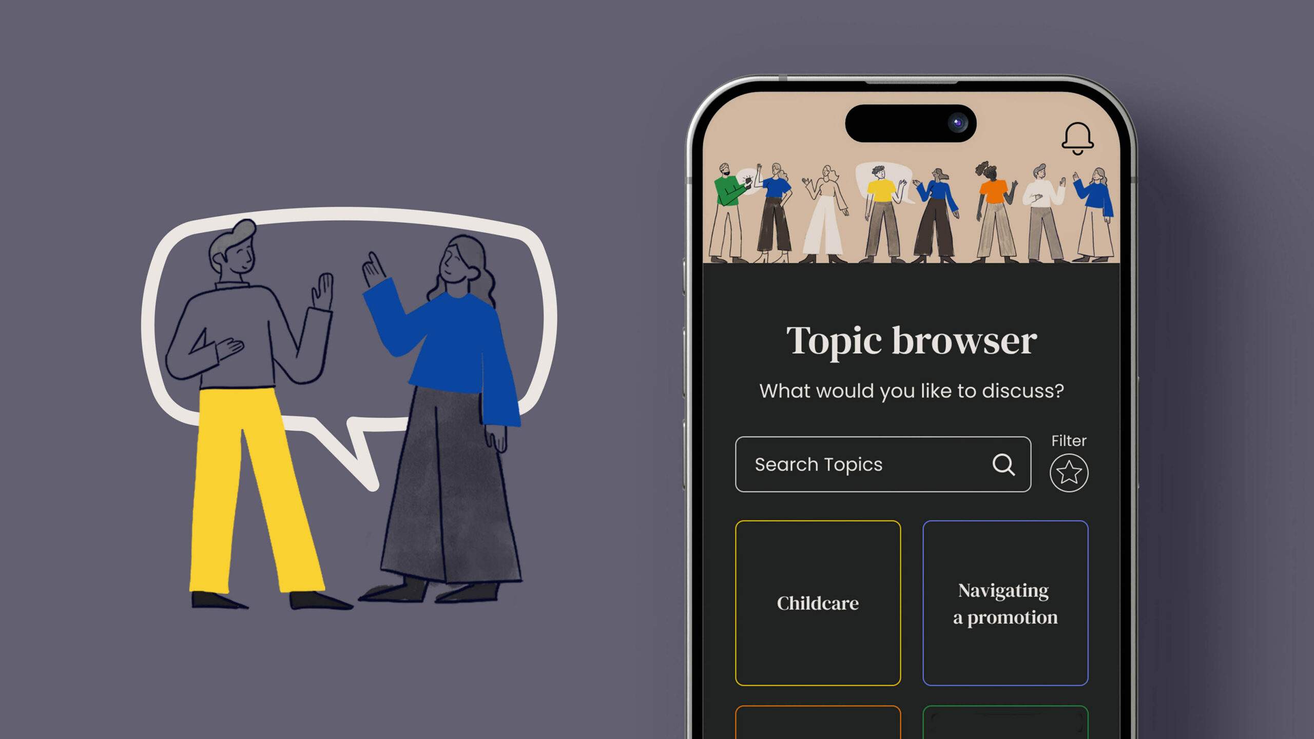 Home screen design for Belay showing illustrations of people having a conversation