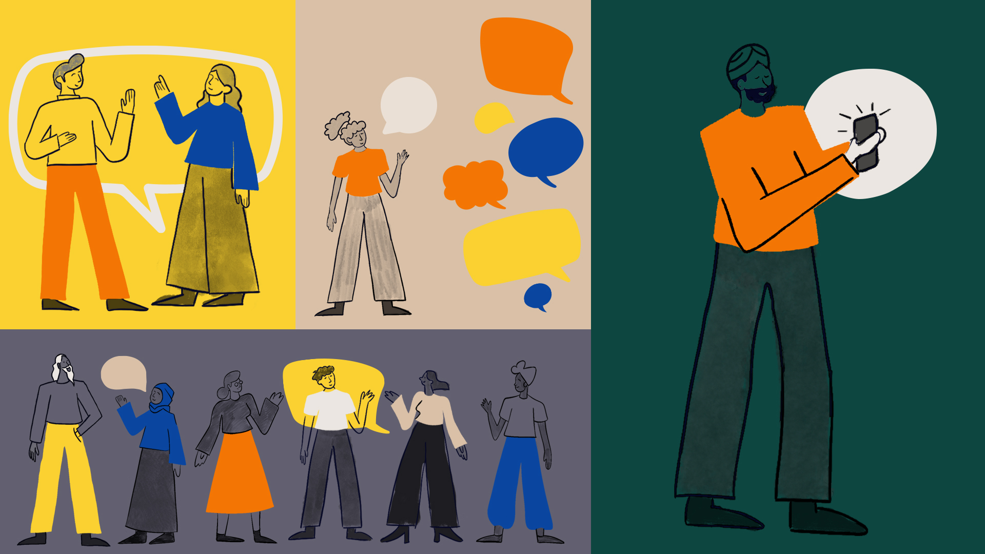 Character designs for the brand showing various people in a set of colours