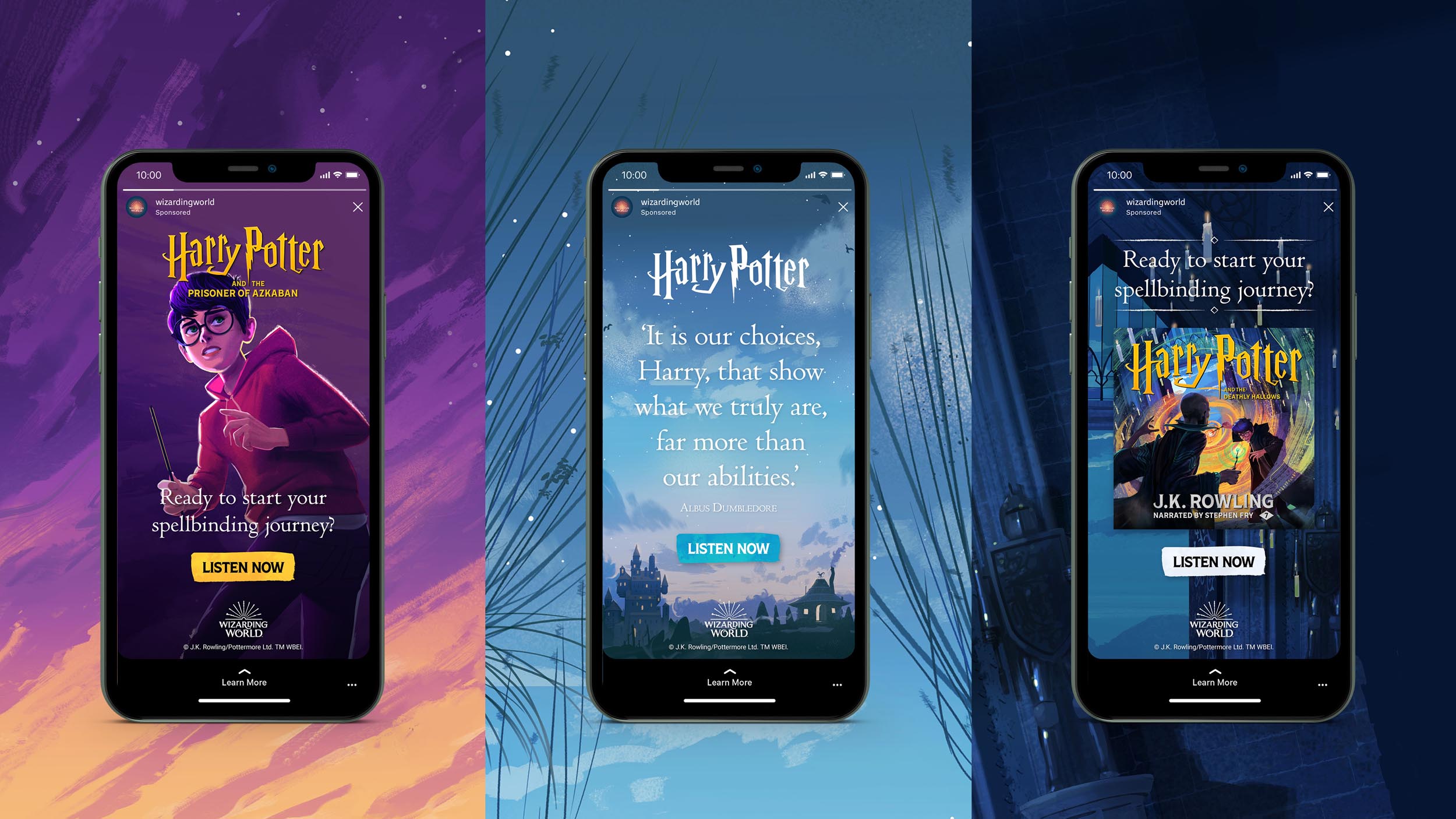 Design advertisements for Instagram to promote the Harry Pottter audiobooks – showing scenes from the second, third and final Harry Potter books