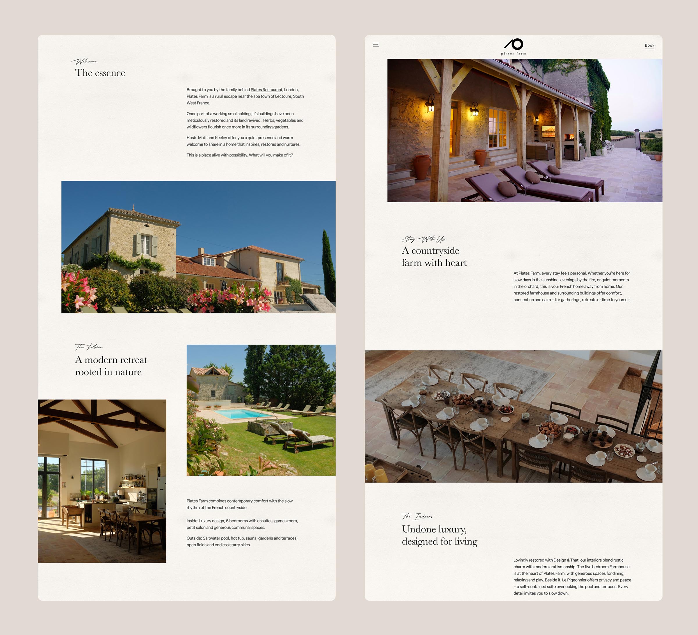 Web page design for Plates Farm website showing editorial style layout