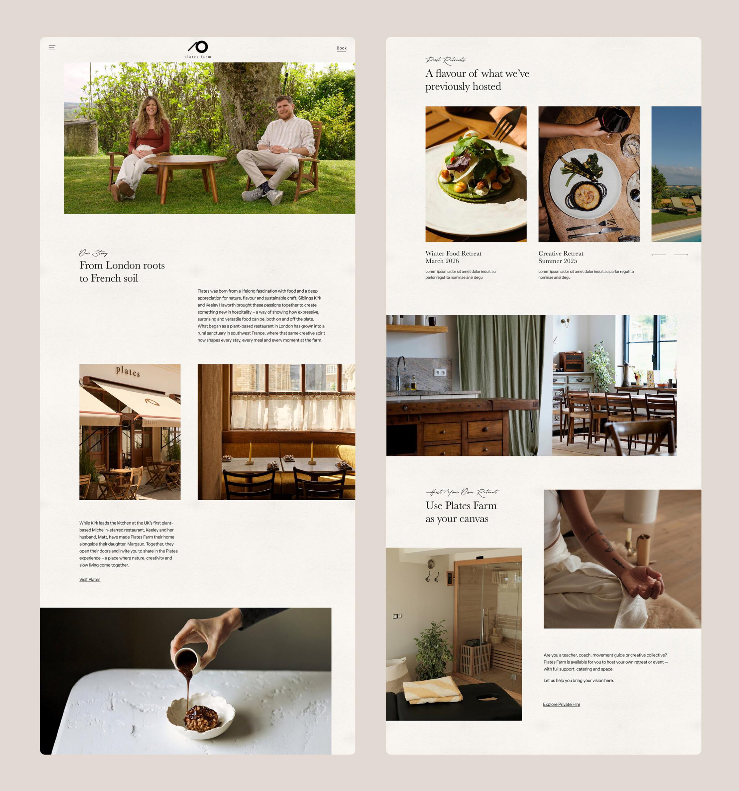 Web page design for the Our Story page showing immersive food imagery connecting to Plates London restaurant